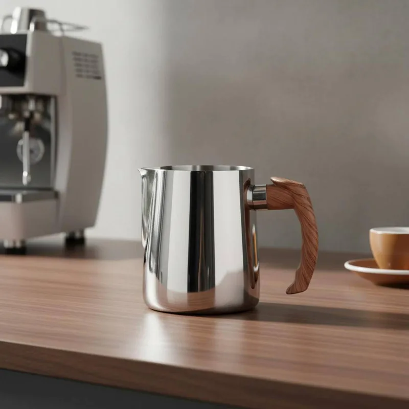 Milk Steaming Pitcher - Latte-Art-Kanne mit Holzgriff, verdicktem Rahmen, Edelstahl-Milchaufschäumkrug,